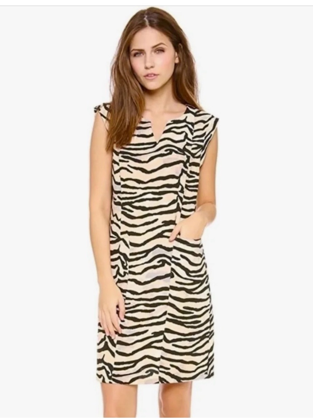 Rebecca Taylor Beige and Black Zebra-Print Cap Sleeve Shift Dress